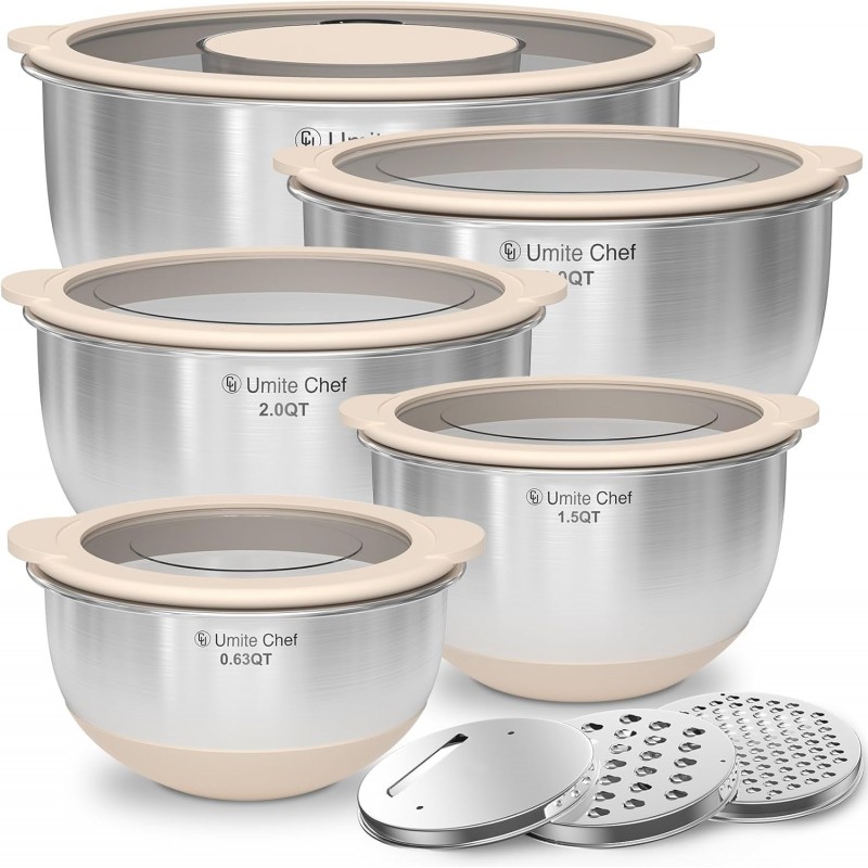 Mixing Bowles Set with Lids Set - Warp-Proof TPR-AS Lids, Stainless Steel Mixing Bowl with 3 Graters & Measuring Lines, Non-Slip Bowls for Baking, Prep, Airtight Food Storage (Khaki 5/3/2/1.5/0.63QT)