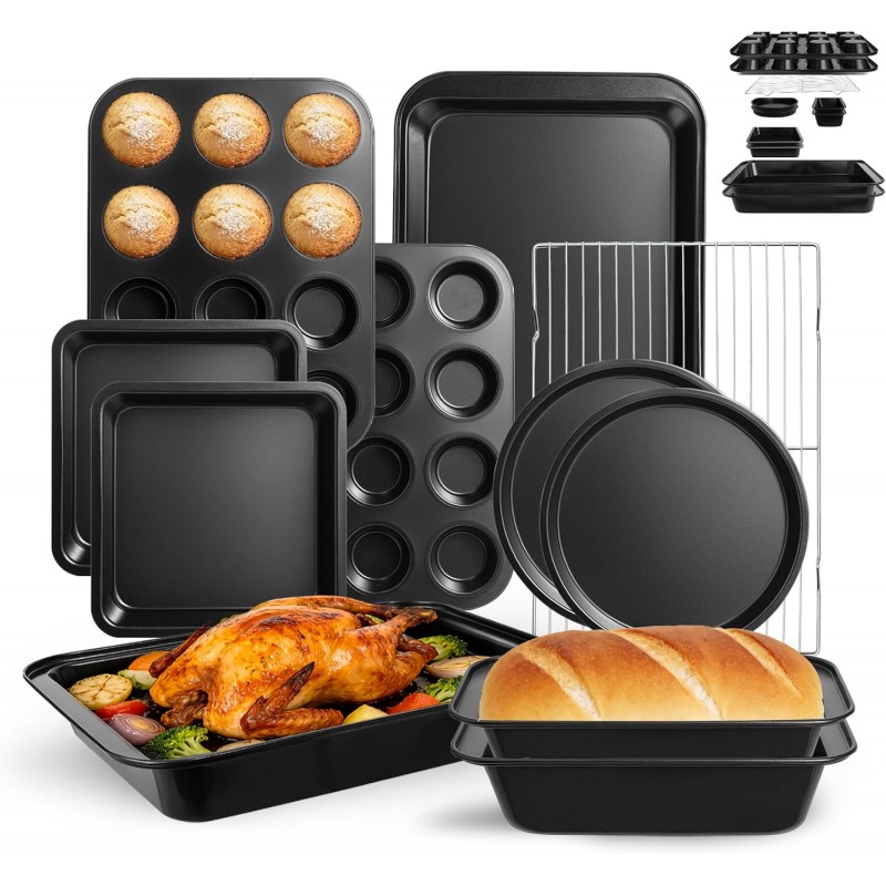 11-Piece Nonstick Baking Pans Set - Professional Grade Carbon Steel Bakeware with Premium Coating- Dishwasher Safe, Stackable, Oven Safe to 450°F (Black)