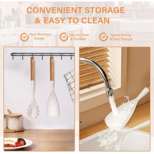 Silicone Cooking Spoon and Pasta Fork Set, 2 Pack Large Spatula Spoons Set with Wooden Handle, Heat Resistant Multifunction Spoon for Cooking, Serving and Mixing Spaghetti (White)