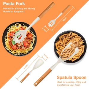 Silicone Cooking Spoon and Pasta Fork Set, 2 Pack Large Spatula Spoons Set with Wooden Handle, Heat Resistant Multifunction Spoon for Cooking, Serving and Mixing Spaghetti (White)