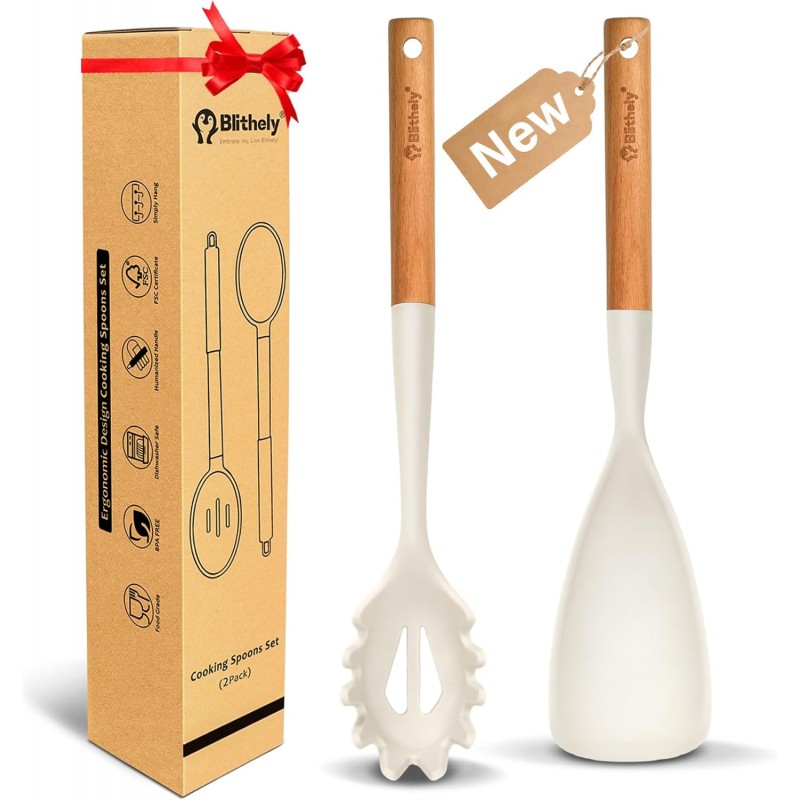 Silicone Cooking Spoon and Pasta Fork Set, 2 Pack Large Spatula Spoons Set with Wooden Handle, Heat Resistant Multifunction Spoon for Cooking, Serving and Mixing Spaghetti (White)