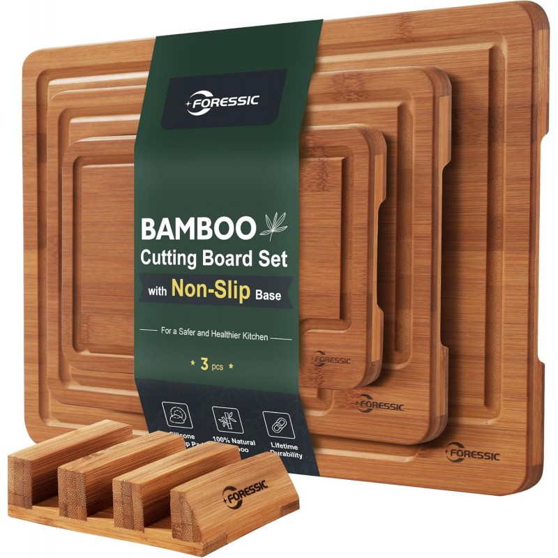 Bamboo Cutting Board, Non Slip Wood Cutting Boards for Kitchen 3 Packs Holder and Over Sink Nice Solid Thick Durable Cutting Boards for Kitchen Large Small Vegetables Fruits Kitchen Gifts (Carbonized)
