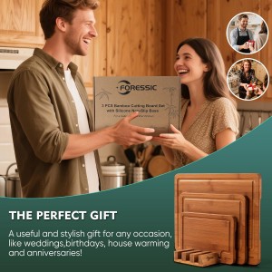 Bamboo Cutting Board, Non Slip Wood Cutting Boards for Kitchen 3 Packs Holder and Over Sink Nice Solid Thick Durable Cutting Boards for Kitchen Large Small Vegetables Fruits Kitchen Gifts (Carbonized)