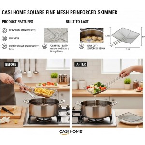 Square Fine Mesh Reinforced Skimmer - 19'inch Strainer with Long Handle - Fry Skimmer for Cooking and Frying, Kitchen Utensils Wire Strainer - Professional & Home Use Deep Fry Tools