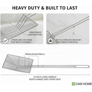 Square Fine Mesh Reinforced Skimmer - 19'inch Strainer with Long Handle - Fry Skimmer for Cooking and Frying, Kitchen Utensils Wire Strainer - Professional & Home Use Deep Fry Tools
