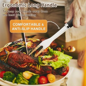 Meat Cooking Fork, Silicone Stainless Steel Meat Cooking Fork, Heavy Duty Metal Cooking Fork for Kitchen Use, High Heat Resistant Cooking Utensils for Meat BBQ, Dishwasher Safe, Easy to Clean, Silver