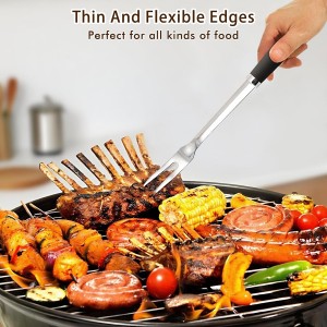 Meat Cooking Fork, Silicone Stainless Steel Meat Cooking Fork, Heavy Duty Metal Cooking Fork for Kitchen Use, High Heat Resistant Cooking Utensils for Meat BBQ, Dishwasher Safe, Easy to Clean, Silver