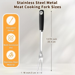 Meat Cooking Fork, Silicone Stainless Steel Meat Cooking Fork, Heavy Duty Metal Cooking Fork for Kitchen Use, High Heat Resistant Cooking Utensils for Meat BBQ, Dishwasher Safe, Easy to Clean, Silver