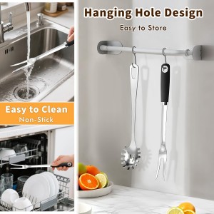 Meat Cooking Fork, Silicone Stainless Steel Meat Cooking Fork, Heavy Duty Metal Cooking Fork for Kitchen Use, High Heat Resistant Cooking Utensils for Meat BBQ, Dishwasher Safe, Easy to Clean, Silver