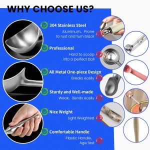 304 Stainless Steel Ice Cream Scoop, All Metal Ice Cream Scooper One-Piece Design, Heavy Duty Scoops with Comfortable Non-Slip Handle, Dishwasher Safe, Summer Gift