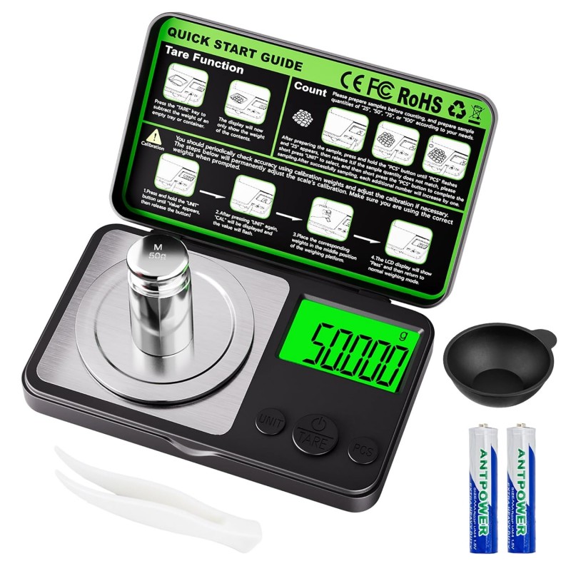 Wigearss Digital Milligram Scale 50g x 0.001g, Mini Precision Scale with Tare weight Function,Calibration Weight ＆ Backlit LCD Display, Pocket Micro Scale for Weighing Powder, Gold, Jewelry, Mini Food