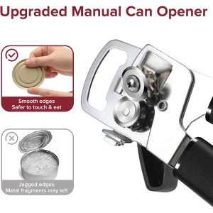 Can Opener Manual with Magnet, Heavy Duty Hand Held Can Opener with Sharp Stainless Steel Blade Easy to Use, Effortless Turn Knob, Soft Comfortable Handle, Built-In Bottle Openers, Black