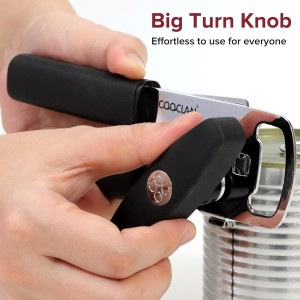 Can Opener Manual with Magnet, Heavy Duty Hand Held Can Opener with Sharp Stainless Steel Blade Easy to Use, Effortless Turn Knob, Soft Comfortable Handle, Built-In Bottle Openers, Black