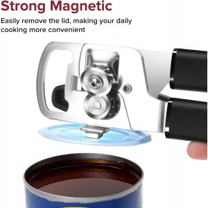 Can Opener Manual with Magnet, Heavy Duty Hand Held Can Opener with Sharp Stainless Steel Blade Easy to Use, Effortless Turn Knob, Soft Comfortable Handle, Built-In Bottle Openers, Black