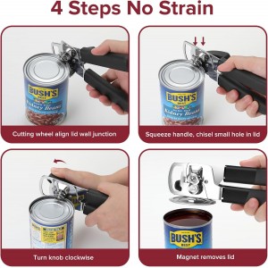 Can Opener Manual with Magnet, Heavy Duty Hand Held Can Opener with Sharp Stainless Steel Blade Easy to Use, Effortless Turn Knob, Soft Comfortable Handle, Built-In Bottle Openers, Black