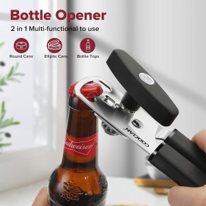 Can Opener Manual with Magnet, Heavy Duty Hand Held Can Opener with Sharp Stainless Steel Blade Easy to Use, Effortless Turn Knob, Soft Comfortable Handle, Built-In Bottle Openers, Black