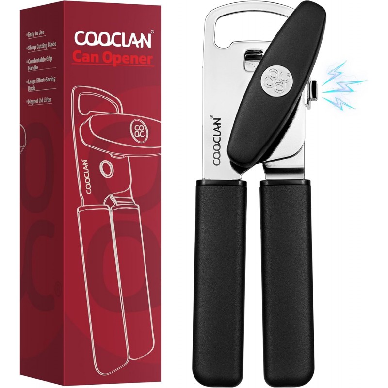 Can Opener Manual with Magnet, Heavy Duty Hand Held Can Opener with Sharp Stainless Steel Blade Easy to Use, Effortless Turn Knob, Soft Comfortable Handle, Built-In Bottle Openers, Black