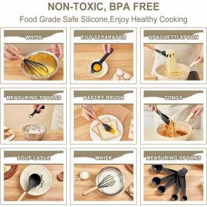 Kitchen Utensils Set - 34 PCS Non-Stick Silicone Cooking Utensils Set Spatula Set with Holder, Wooden Handle Spoon,Brush,Whisk Kitchen Gadgets Tools Set for Nonstick Cookware (Black-34P)