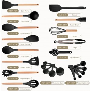 Kitchen Utensils Set - 34 PCS Non-Stick Silicone Cooking Utensils Set Spatula Set with Holder, Wooden Handle Spoon,Brush,Whisk Kitchen Gadgets Tools Set for Nonstick Cookware (Black-34P)