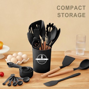 Kitchen Utensils Set - 34 PCS Non-Stick Silicone Cooking Utensils Set Spatula Set with Holder, Wooden Handle Spoon,Brush,Whisk Kitchen Gadgets Tools Set for Nonstick Cookware (Black-34P)