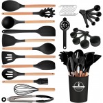 Kitchen Utensils Set - 34 PCS Non-Stick Silicone Cooking Utensils Set Spatula Set with Holder, Wooden Handle Spoon,Brush,Whisk Kitchen Gadgets Tools Set for Nonstick Cookware (Black-34P)