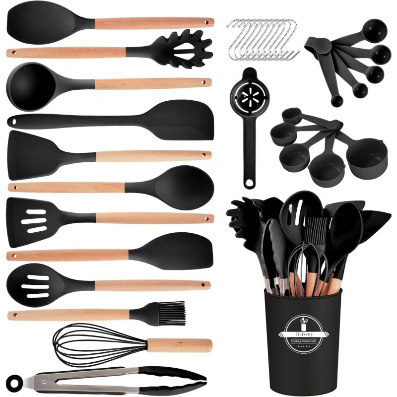 Kitchen Utensils Set - 34 PCS Non-Stick Silicone Cooking Utensils Set Spatula Set with Holder, Wooden Handle Spoon,Brush,Whisk Kitchen Gadgets Tools Set for Nonstick Cookware (Black-34P)
