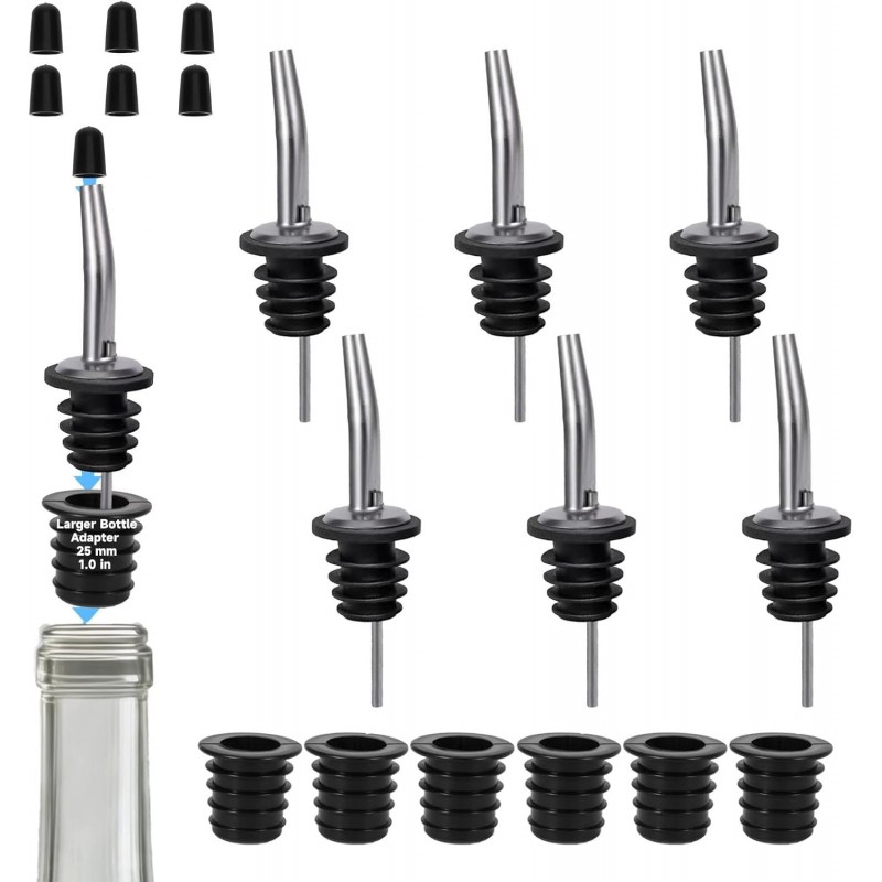 6PCS Stainless Steel Liquor Bottle Pourers,Oil Bottle Spouts for Liquor with 6 Adapters, Oil Pourer Spout with Rubber Dust Caps, Olive Oil Dispenser Spout for Alcohol, Wines, Spirits,Coffee