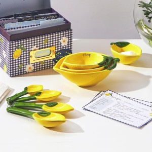 Lemon Shaped Measuring Cups and Spoon Set, Ceramic Kitchen Tools for Bakers, 4 Measuring Cups and 4 Measuring Spoons, Fresh Citrus Decor, Novelty Lemon Accessories, Unique Gift for Kitchen