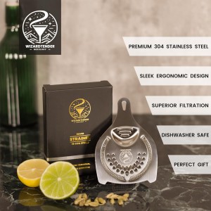 Cocktail Strainer for Drinks | Stainless Steel Bar tools | Ergonomic Hawthorne Strainer for Cocktail Shaker with High-Dense Spring | Silver Bar Strainers | Wizardtender