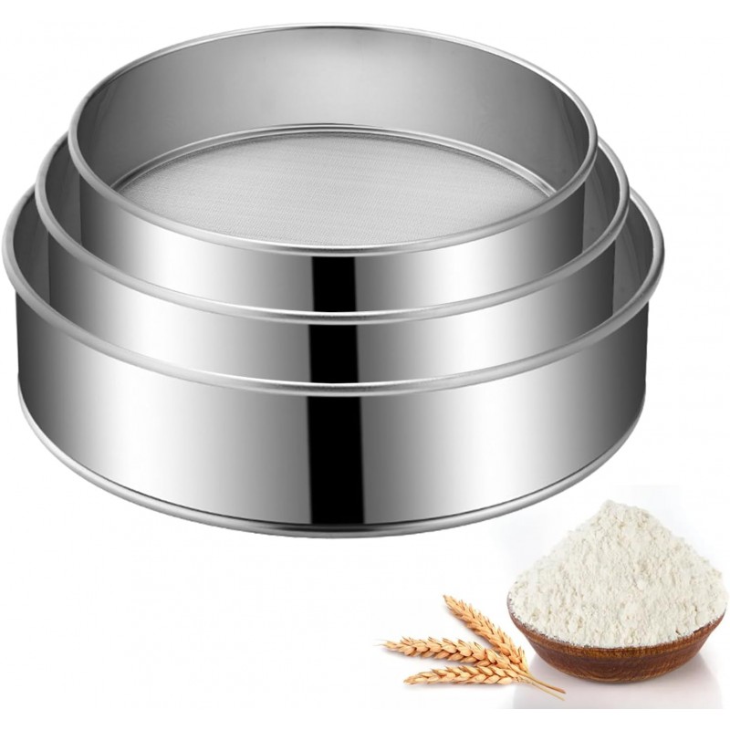 3-Pack Stainless Steel Flour Sifter Set with 40 Mesh, (6, 8, 10 Inches) Round Sieves for Baking Cakes, Bread, Pastries, Cookies, And Muffins Easy to Use, Dishwasher Safe