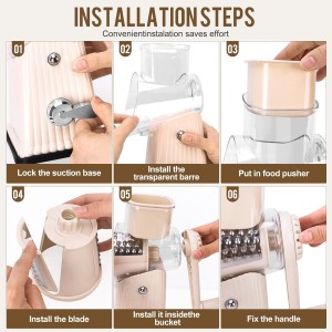 Rotary Cheese Grater with 5 Well-designed Blades & Strong Suction Base, Kitchen Mandoline Vegetable Slicer with Blade Storage Box(Off-white)