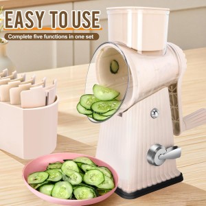 Rotary Cheese Grater with 5 Well-designed Blades & Strong Suction Base, Kitchen Mandoline Vegetable Slicer with Blade Storage Box(Off-white)