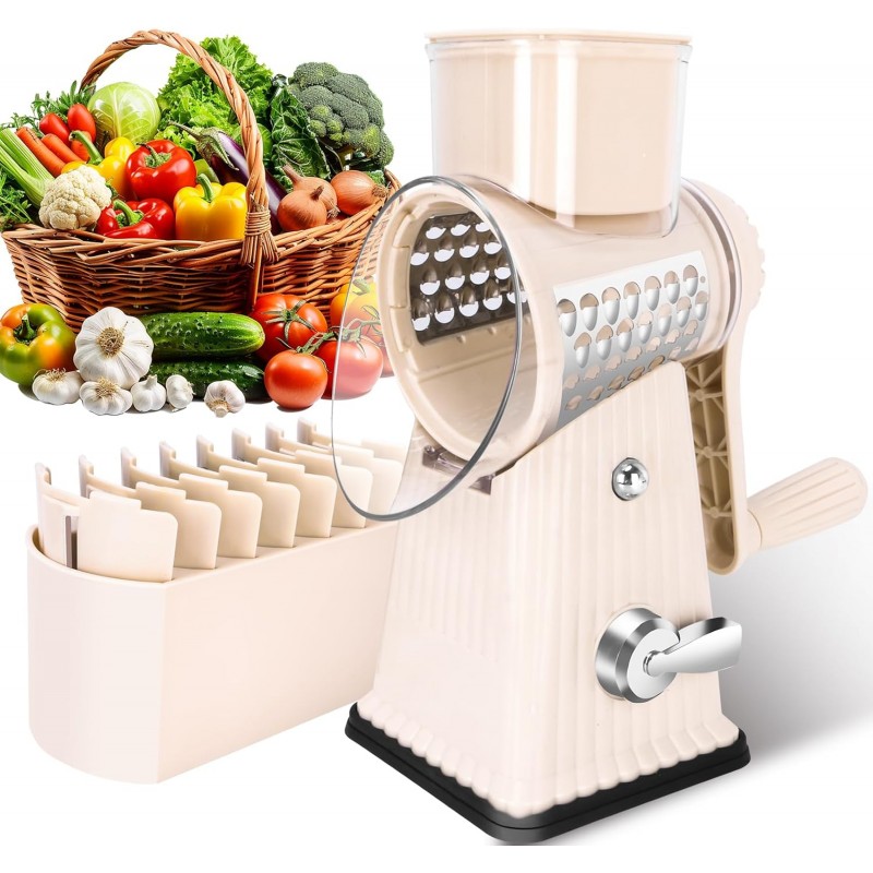 Rotary Cheese Grater with 5 Well-designed Blades & Strong Suction Base, Kitchen Mandoline Vegetable Slicer with Blade Storage Box(Off-white)