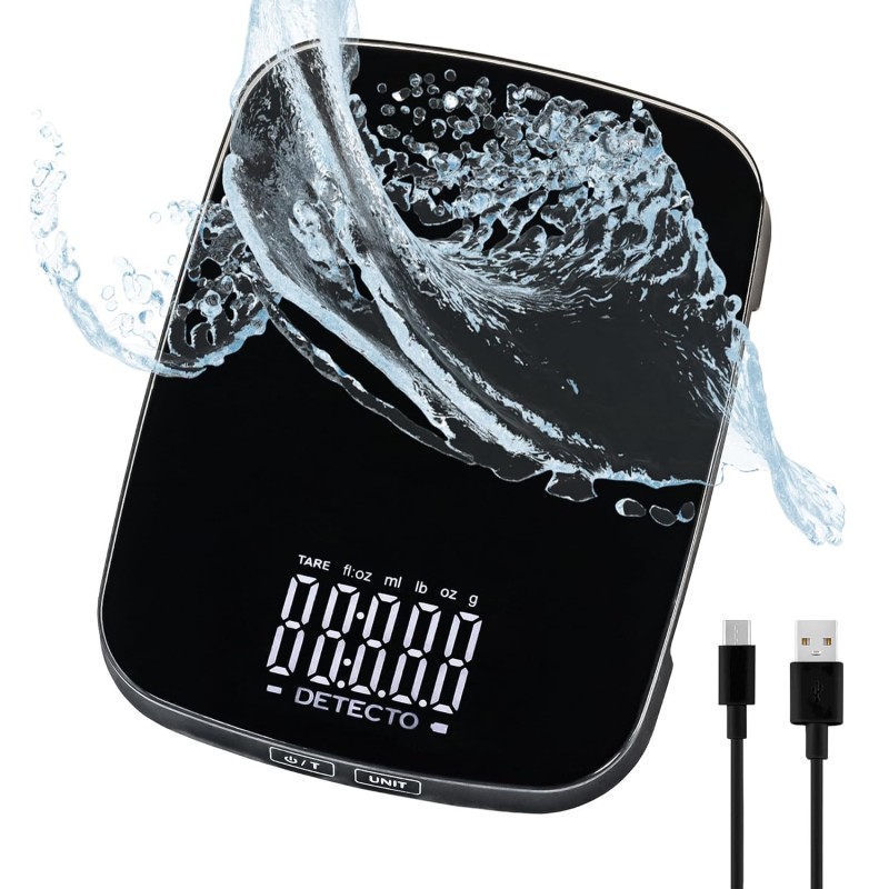 DETECTO Digital Kitchen Scale, Highly Accurate, Compact Glass Platform, Easy-to-Read Display, USB Rechargeable, 22 lb Capacity, Black/White (Black)