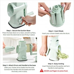 6 in 1 Rotary Cheese Grater Hand Crank with 6 Stainless Steel Blades, Cheese Shredder with Reinforced Suction Base, Grater For Cheese, Vegetables, Nuts and Ice, Easy to Clean