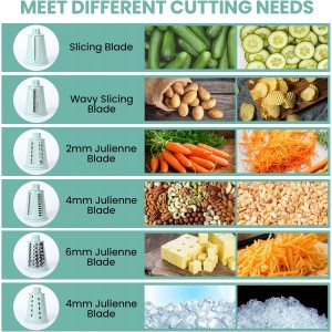 6 in 1 Rotary Cheese Grater Hand Crank with 6 Stainless Steel Blades, Cheese Shredder with Reinforced Suction Base, Grater For Cheese, Vegetables, Nuts and Ice, Easy to Clean