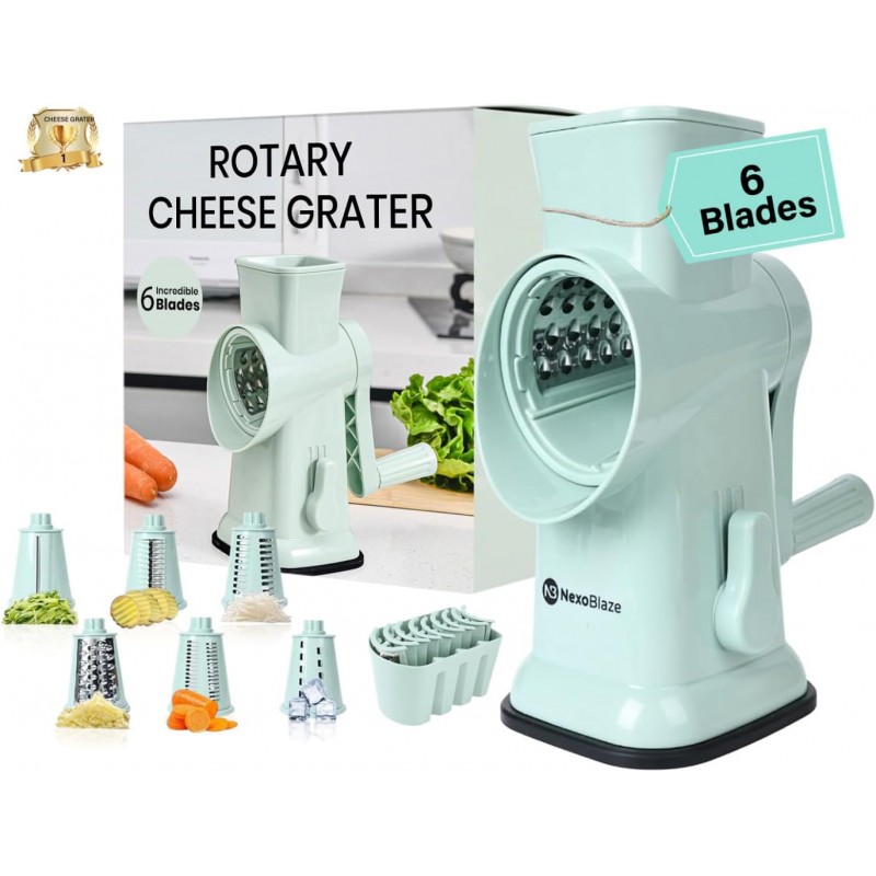 6 in 1 Rotary Cheese Grater Hand Crank with 6 Stainless Steel Blades, Cheese Shredder with Reinforced Suction Base, Grater For Cheese, Vegetables, Nuts and Ice, Easy to Clean