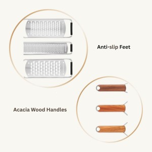 NAZANIN 3-Piece Stainless Steel Cheese Grater & Zester Set w/Acacia Wood Handles – For Parmesan, Lemon Zest, Ginger, and Spices