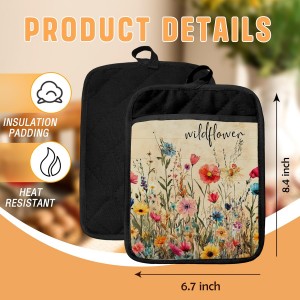 Wildflower Pot Holders with Pockets, Rustic Cottagecore Vintage Floral Botanical Oven Pot Holders Heat Resistant Oven Mitts Hot Pads for Kitchen Baking Cooking