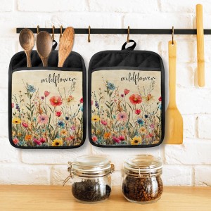 Wildflower Pot Holders with Pockets, Rustic Cottagecore Vintage Floral Botanical Oven Pot Holders Heat Resistant Oven Mitts Hot Pads for Kitchen Baking Cooking