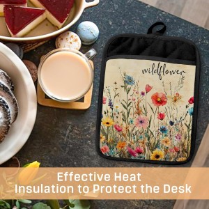 Wildflower Pot Holders with Pockets, Rustic Cottagecore Vintage Floral Botanical Oven Pot Holders Heat Resistant Oven Mitts Hot Pads for Kitchen Baking Cooking