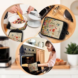 Wildflower Pot Holders with Pockets, Rustic Cottagecore Vintage Floral Botanical Oven Pot Holders Heat Resistant Oven Mitts Hot Pads for Kitchen Baking Cooking