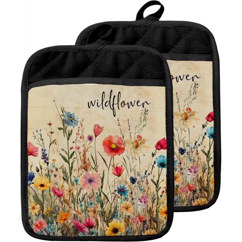 Wildflower Pot Holders with Pockets, Rustic Cottagecore Vintage Floral Botanical Oven Pot Holders Heat Resistant Oven Mitts Hot Pads for Kitchen Baking Cooking