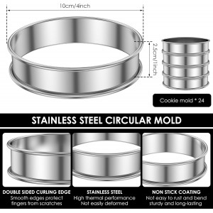24 Pack 4 Inch Cookie Rings for Baking, Stainless Steel English Muffin Rings Double Rolled, Round Metal Cooking Pastry Ring Baking Molds for Cookies Dessert Crumpets Baking Food Making Tool (4 inch)