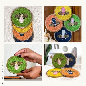 Beaded Coaster Set of 4 – Multicolor Glass-Bead Drink Coasters, Boho Table Decor for Dining & Gifting