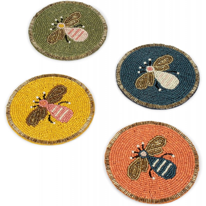 Beaded Coaster Set of 4 – Multicolor Glass-Bead Drink Coasters, Boho Table Decor for Dining & Gifting