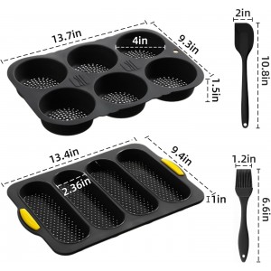 Hamburger Bun Pan and Baguette Pan With Spatula Brush, Silicone Hamburger Bun Pans for Baking, Nonstick French Bread Baking Pan for Baking Homemade Bread (Black)