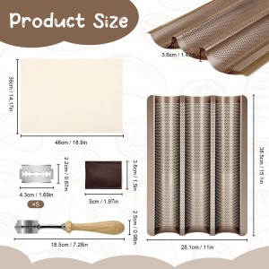 Baguette Bread Pan, Perforated French Bread Tray - 3 Loaf Nonstick Baking Sheet with Proofing Cloth & Dough Cutter Kit, Home Baker Supplies(15x11 Inch Gold)