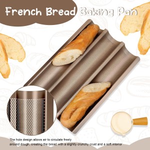 Baguette Bread Pan, Perforated French Bread Tray - 3 Loaf Nonstick Baking Sheet with Proofing Cloth & Dough Cutter Kit, Home Baker Supplies(15x11 Inch Gold)