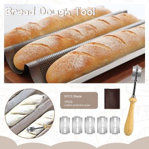 Baguette Bread Pan, Perforated French Bread Tray - 3 Loaf Nonstick Baking Sheet with Proofing Cloth & Dough Cutter Kit, Home Baker Supplies(15x11 Inch Gold)